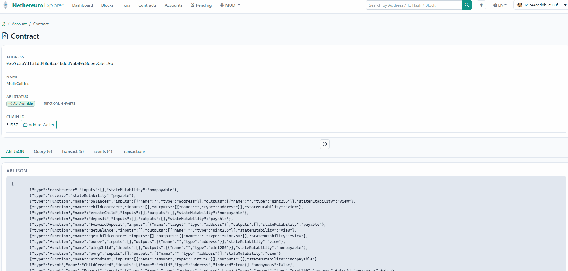 Contract interaction showing query, transact, receipt decoding with event decoding