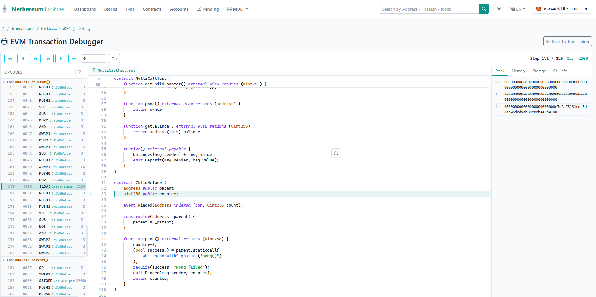 EVM transaction debugging with opcode-level step-through