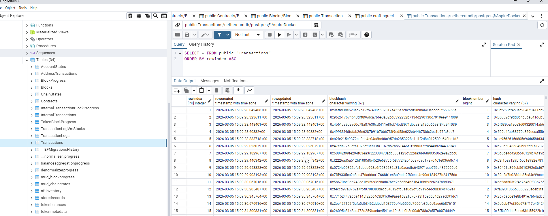 PostgreSQL table view showing indexed blockchain data, tokens, and MUD tables