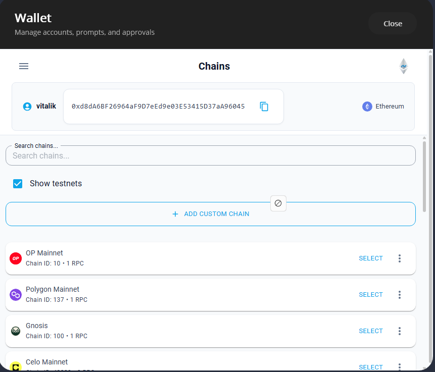 Chain configuration showing RPC endpoint management and Beacon Chain integration