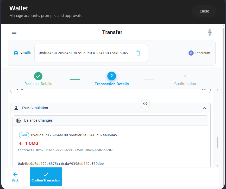 Token transfer with EVM simulation preview showing expected balance changes