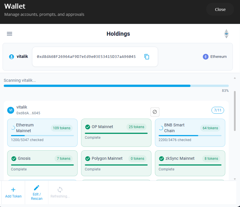 Cross-chain portfolio scanning showing token balances across multiple chains