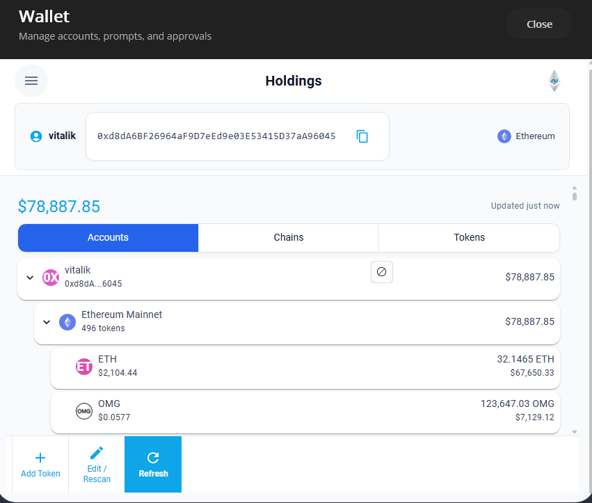 Token portfolio with live prices from CoinGecko