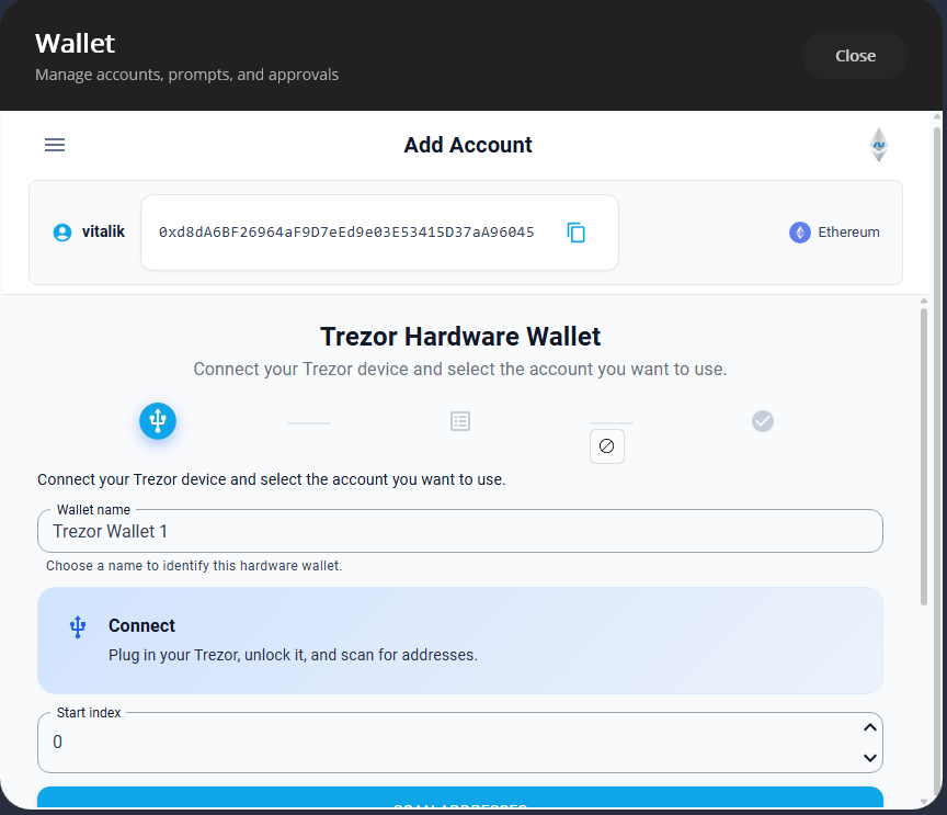 Trezor hardware wallet integration with PIN prompt and account scanning
